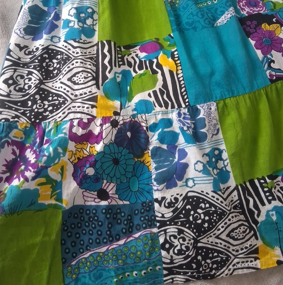 La Cera Patchwork Floral Shift Dress Boho Festival Cotton Summer Resortwear Sz S
